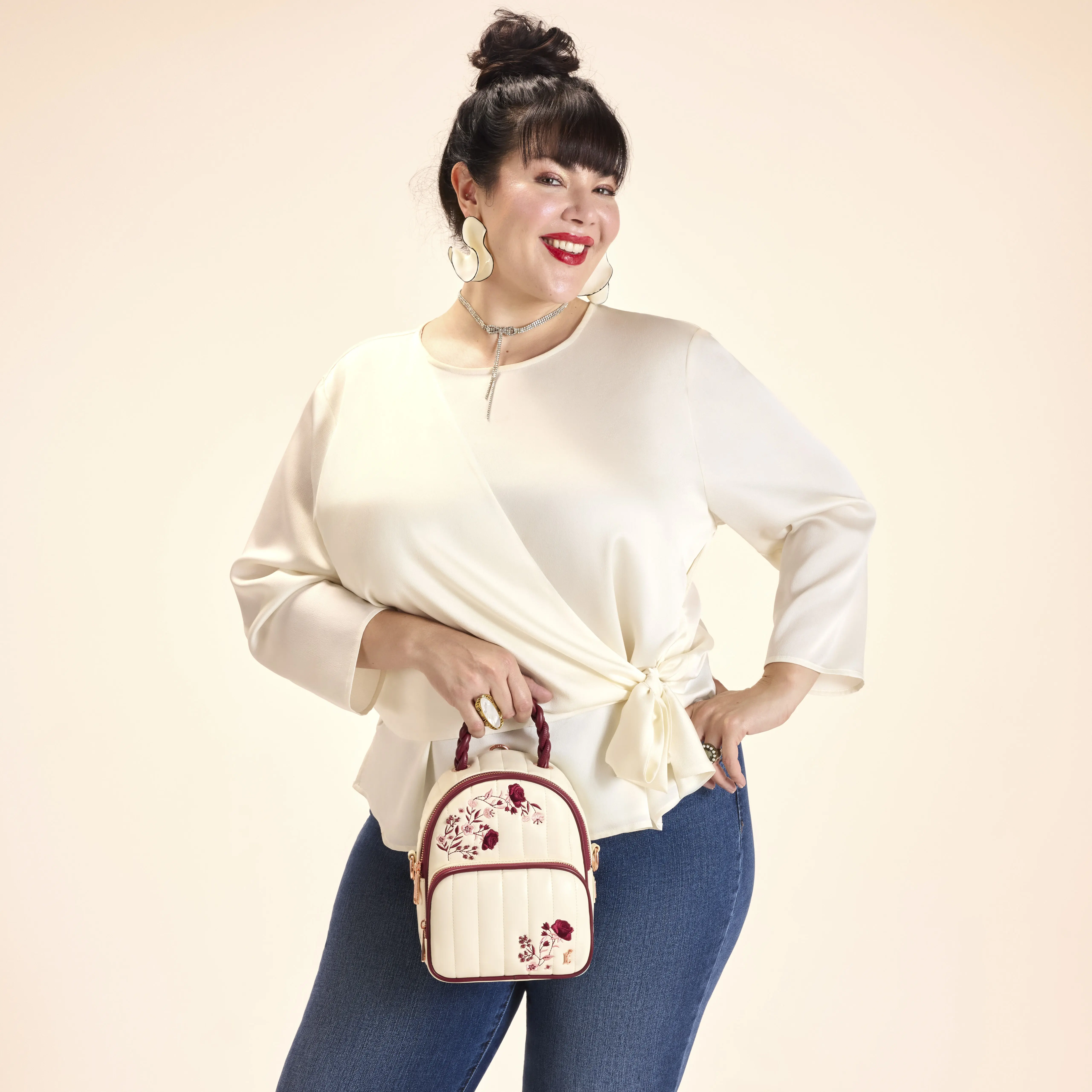 Loungefly Cream & Red Floral Convertible Mini Backpack & Crossbody Bag - Image 2